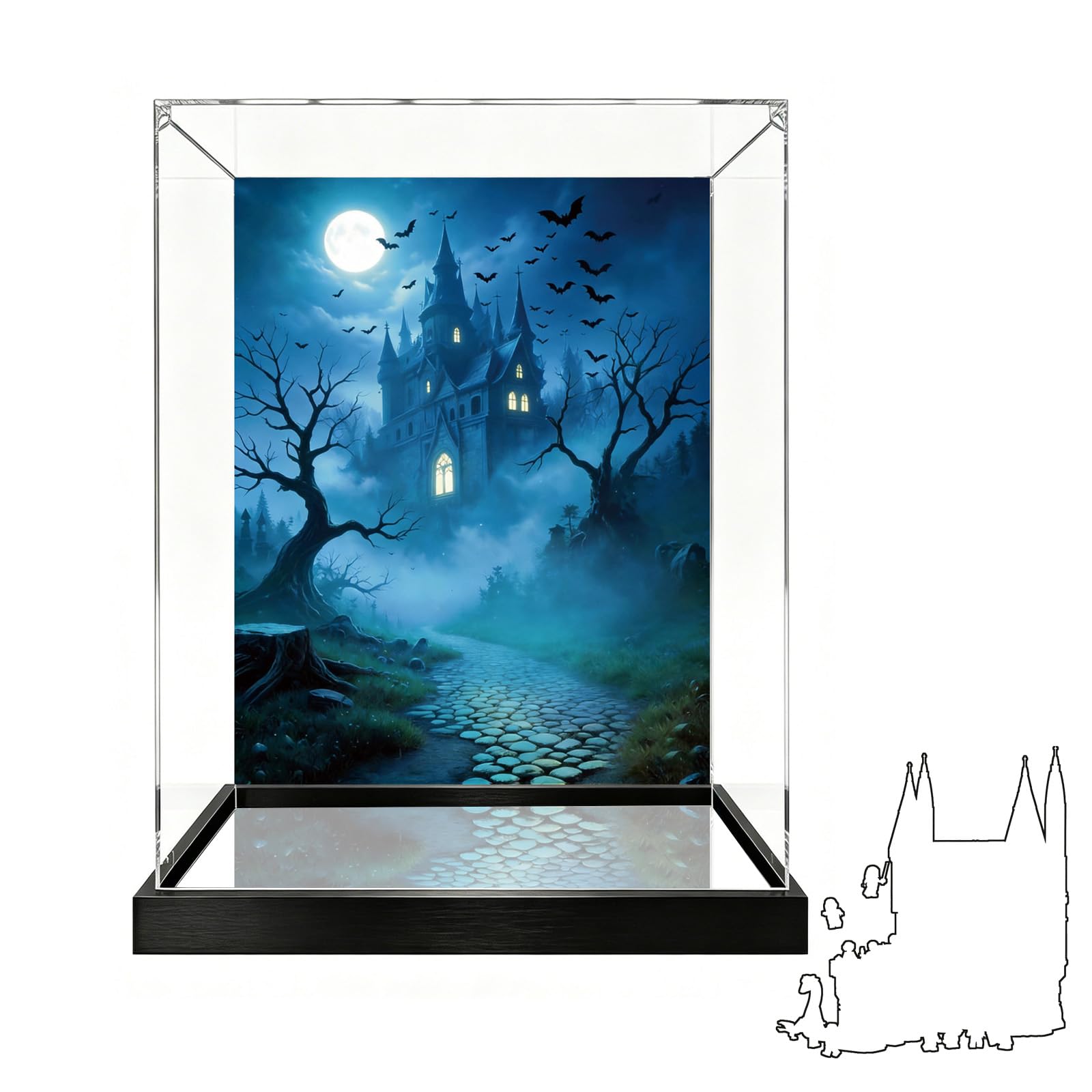 Acrylic Display Case Compatible with Lego 76473 Castle East Wing Model, Dustproof Transparent Storage Box, Compatible with Lego 76473 (Model Not Included) (Mirror Base+Background 1)