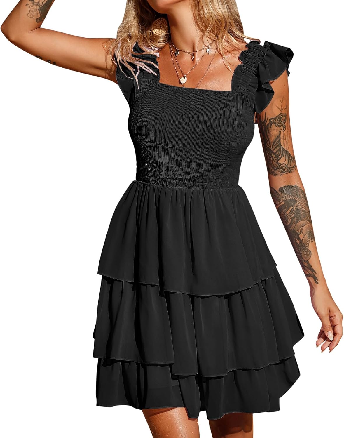 Square neck ruffle dress with smocked high waist and backless