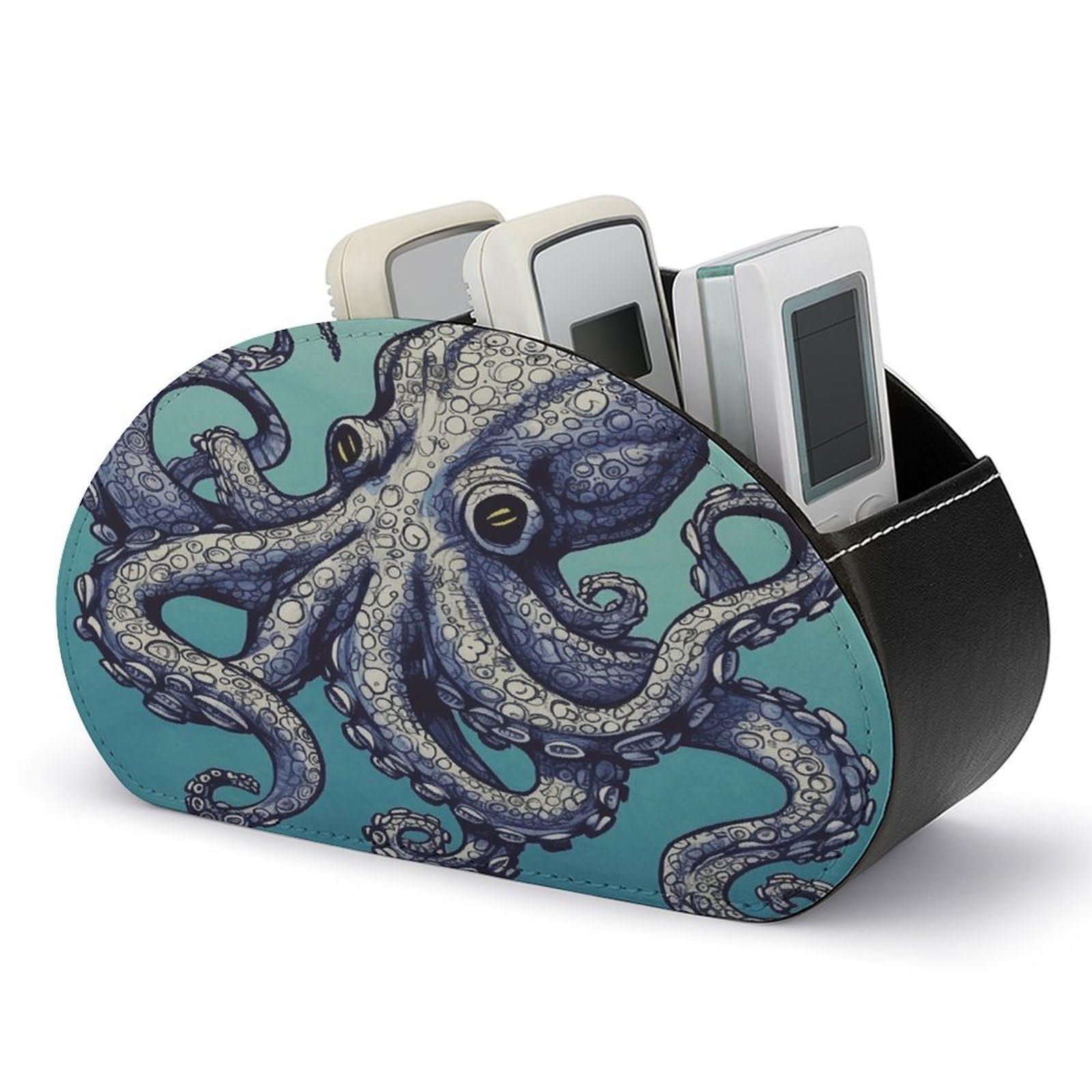 VstaDank Octopus Design Remote Control Holder Farmhouse TV Media Remote Storage Box with 5 Compartments PU Leather Remote Caddy Desktop Organizer for Home Bedside Table Organizer