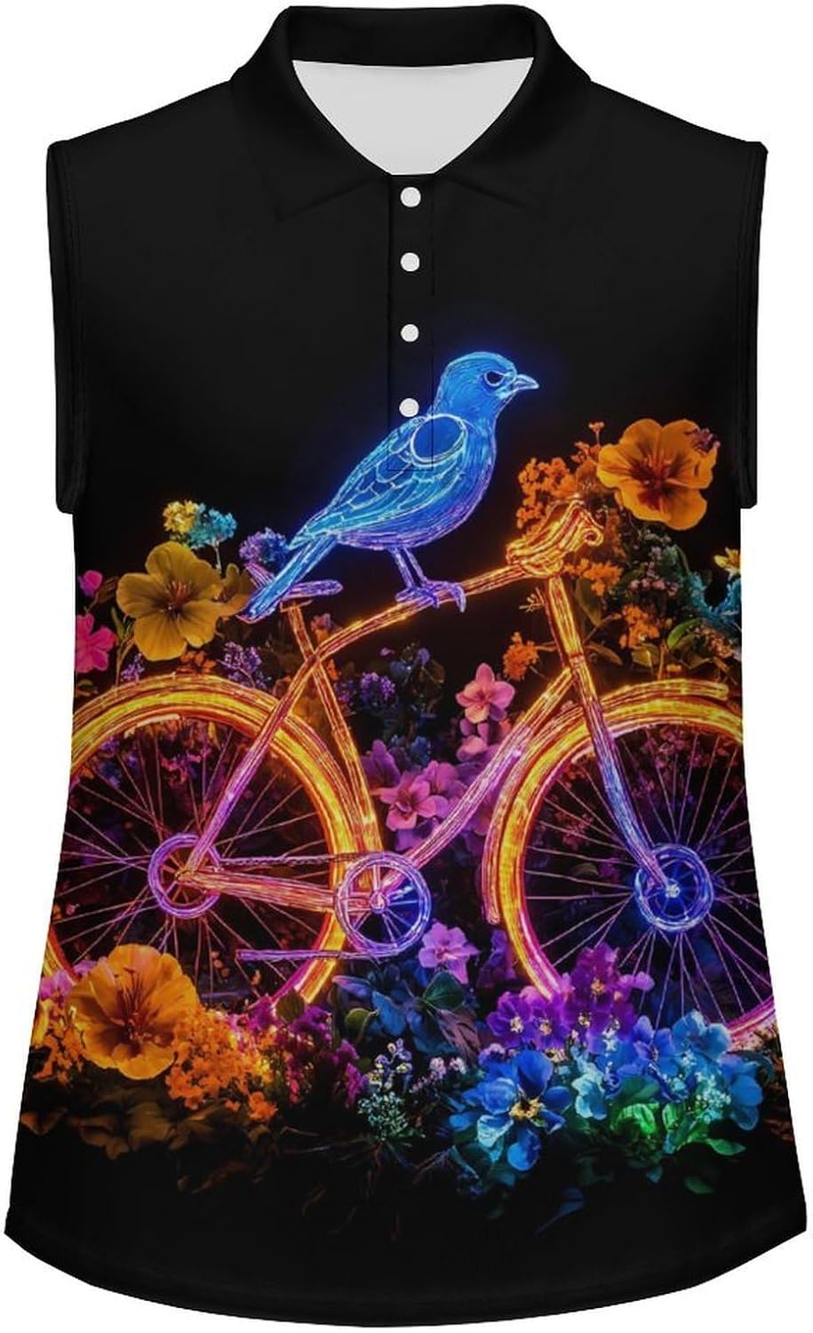 Flower Bike Blue Bird Womens Golf Shirts Print Polo Shirt Sleeveless Tank Top Casual Work Blouses