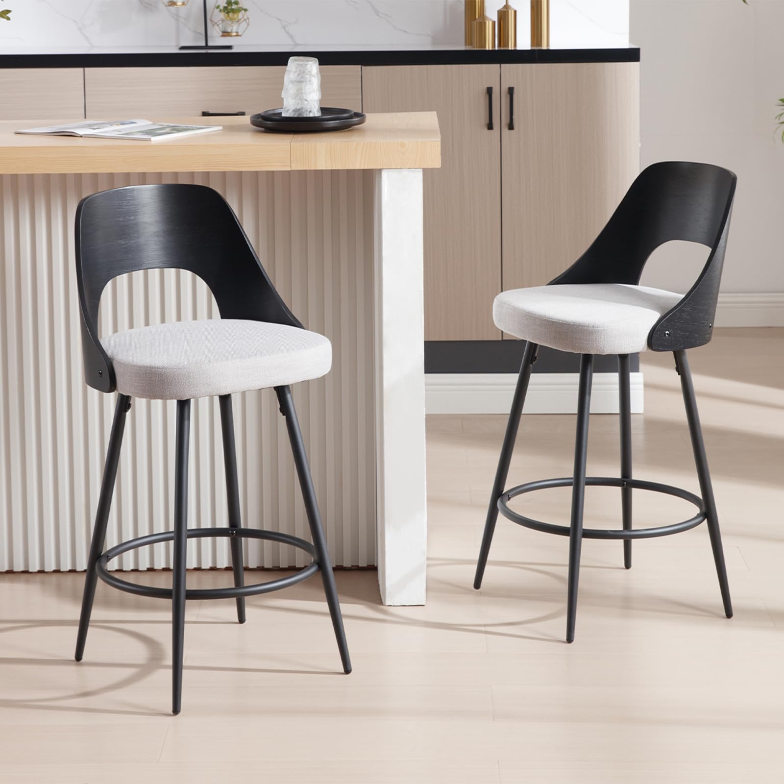 Juego de 2 Taburetes Altos con Cojin de Lino y Respaldo de Madera, Taburete de Cocina con Patas de Matel, Taburete de Bar para Concina/Restaurante/Bar,Gris