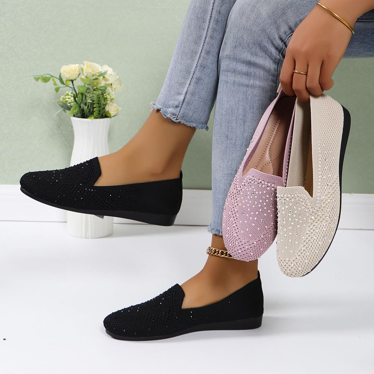 Zapatos planos de ballet de punto transpirable para mujer, zapatos planos