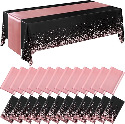 Miniatura 18 de Breling - Juego de 16 manteles desechables de plástico y camino de mesa de satén, color negro y azul, 54 x 108 pulgadas, manteles y caminos de mesa