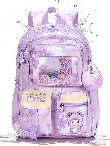 Miniatura 5 de Mochila Kawaii para niñas primaria primaria y media con múltiples bolsillos, bolsas casuales de viaje, Púrpura, Grande, dibujos animados