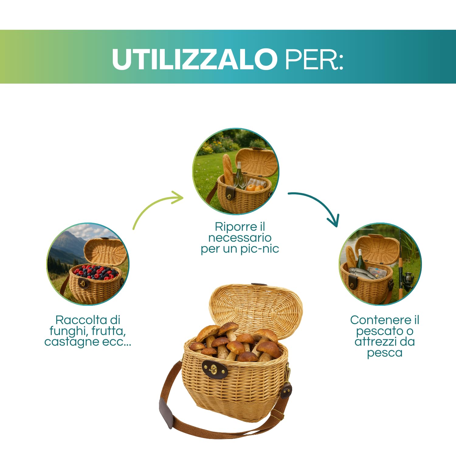 Virsus Cesta in Vimini con Tracolla per Funghi, misura 31x27x28cm, cestino con coperchio, tracolla in pelle regolabile, per picnic e raccolta tartufi, castagne, frutti di bosco -1815