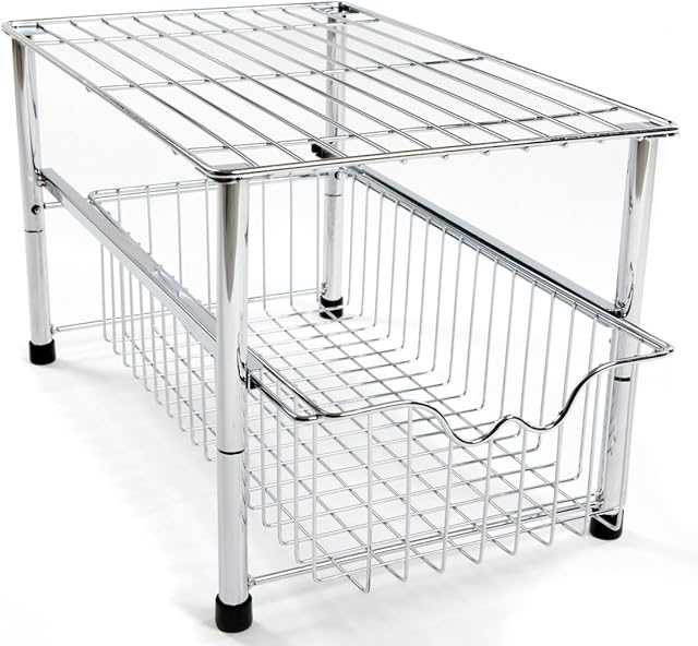 Amtido Under Sink Storage Kitchen Cupboard Organiser with Sliding Basket Drawer for Pantry, Washroom, Bathroom Cabinets - Stackable - Chrome