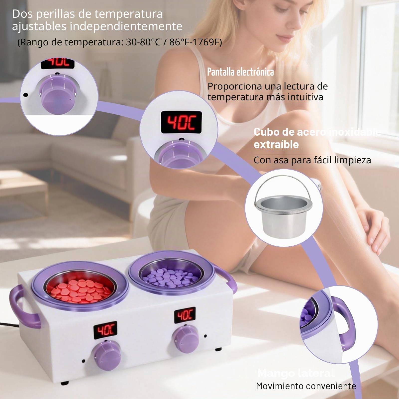 Calentador de cera dual con pantalla electrónica, 2 botes de cera doble de 500 ml, calentador de cera de 220 W para depilación con temperatura ajustable, ideal para el hogar, peluquería, uso en