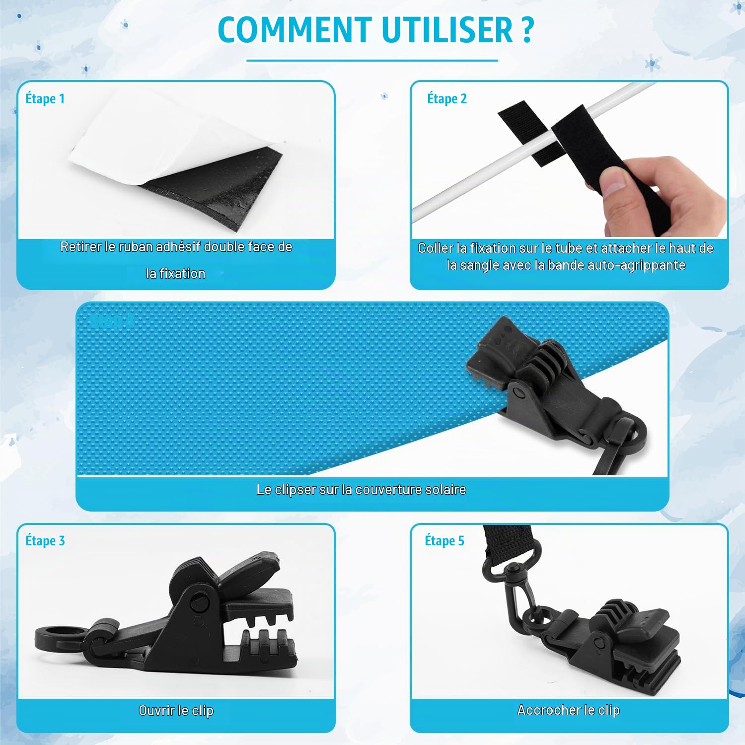 Lyreh 24pcs Kit Fixation pour Enrouleur de Couverture Solaire de Piscine, Comprenant 8 Sangles Couverture Solaire avec Crochets et 8pcs Clips et 8 Attaches Tactiles Accessoires Piscine Creusée