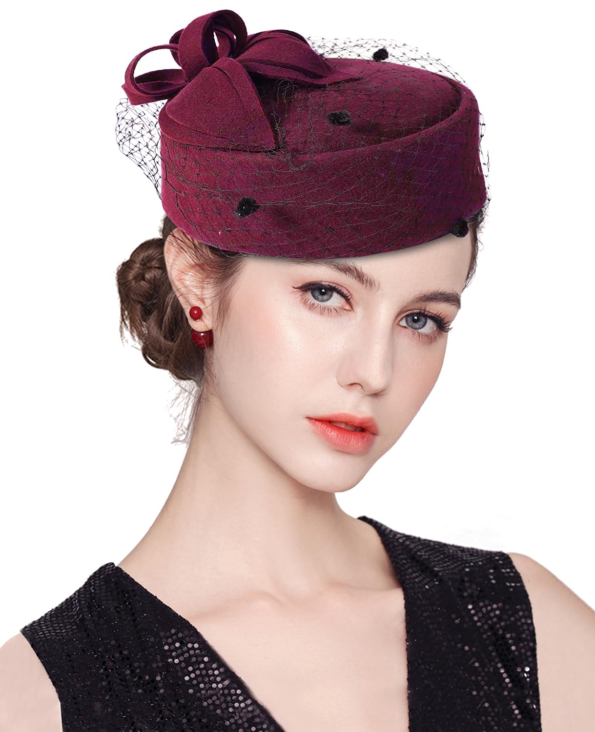 ELLYDOOR Wool Fascinator Hat Winter Wool Felt Pillbox Hat for Women Wedding Church Hat Veil Flower Fedoras (#01B Wine Red)