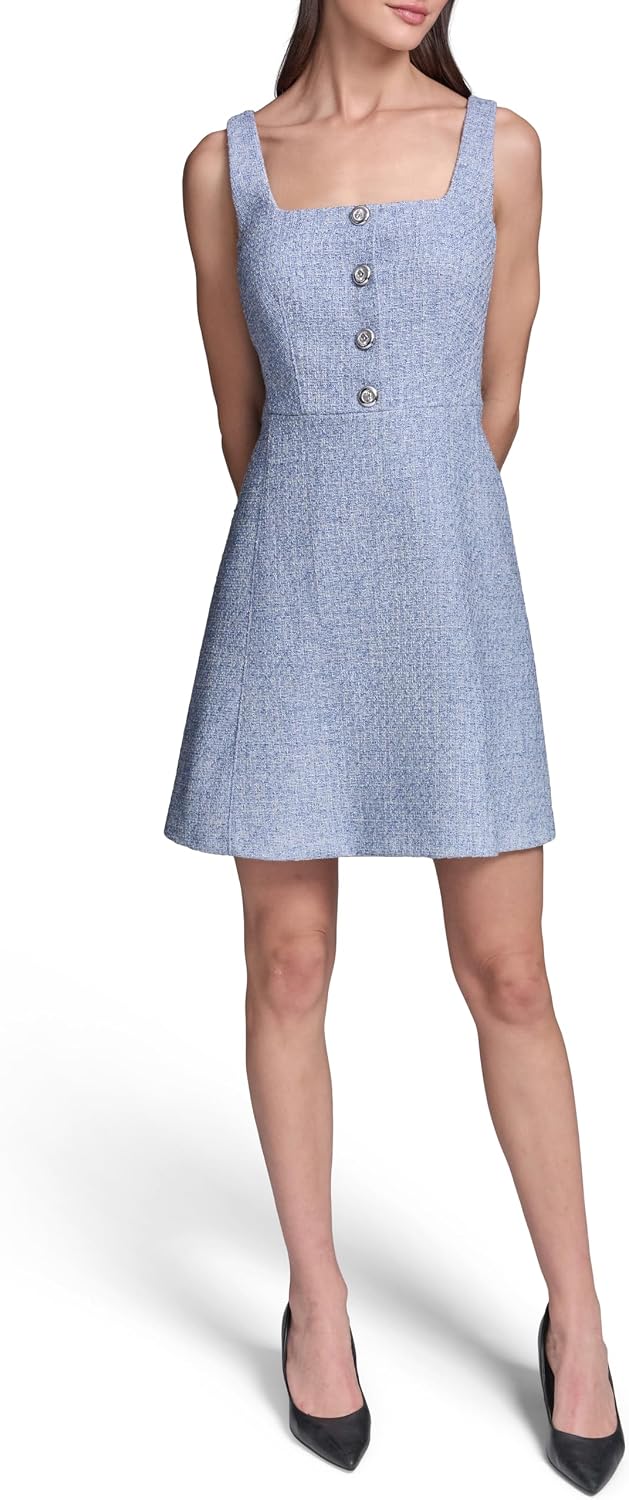 Karl Lagerfeld Women's Sleeveless Square Neck Tweed Pearl Button A-line Dress