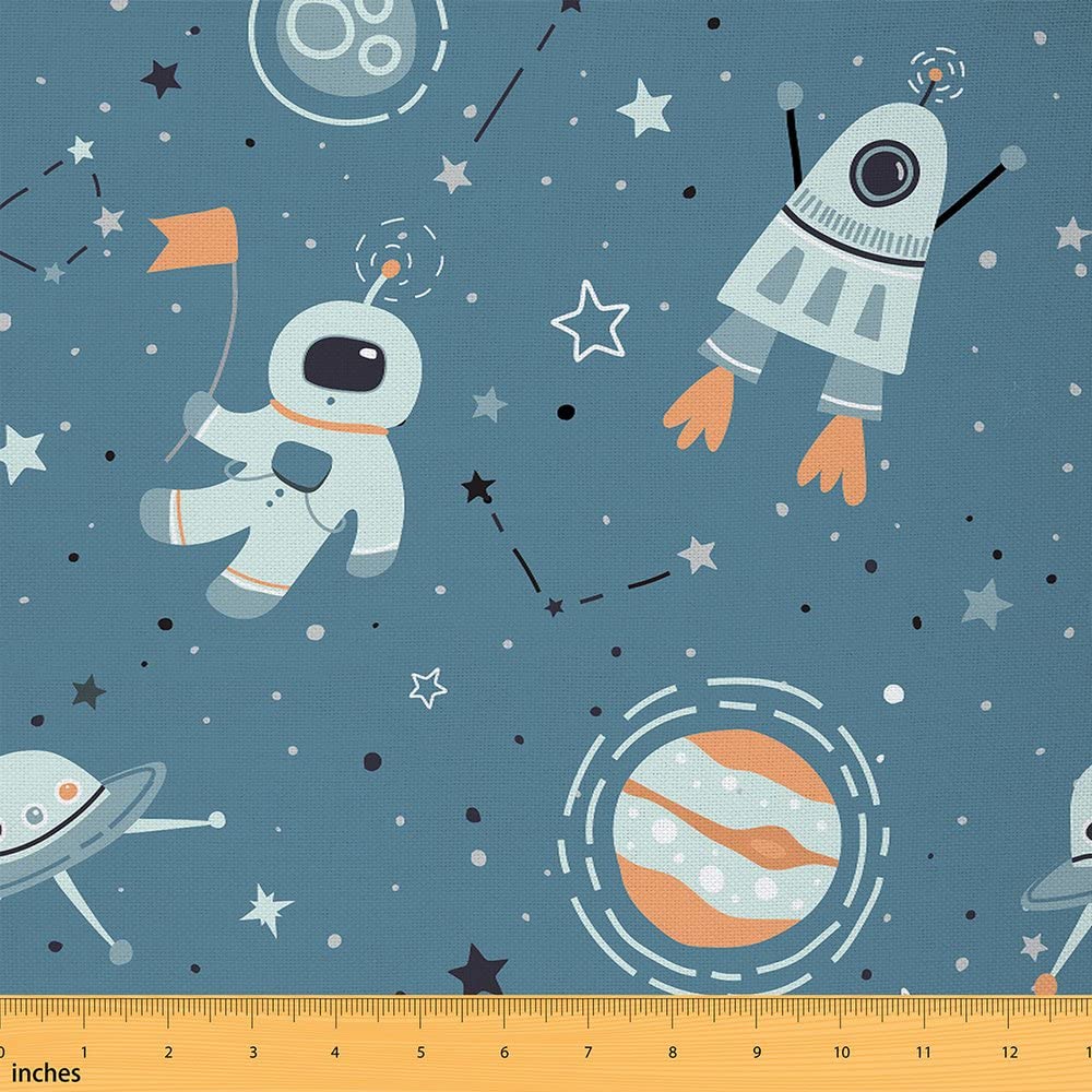 Outer Space Fabric by The Yard Cartoon Astronaut Planet Space Ship Design Upholstery Fabric for Chairs and Shining Stars Pattern Decorative Waterproof Outdoor Fabric 10 Yards (L920*W150cm)