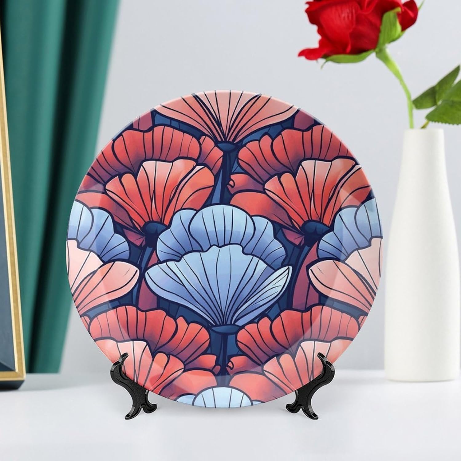 Art Deco Style Ceramic Plate 10inch Decorative Bone China Wall Hanging Ornament Plates Bohemian Style Dinner Plate with Display Stand Cabinet Display Plates for Home Art Decor