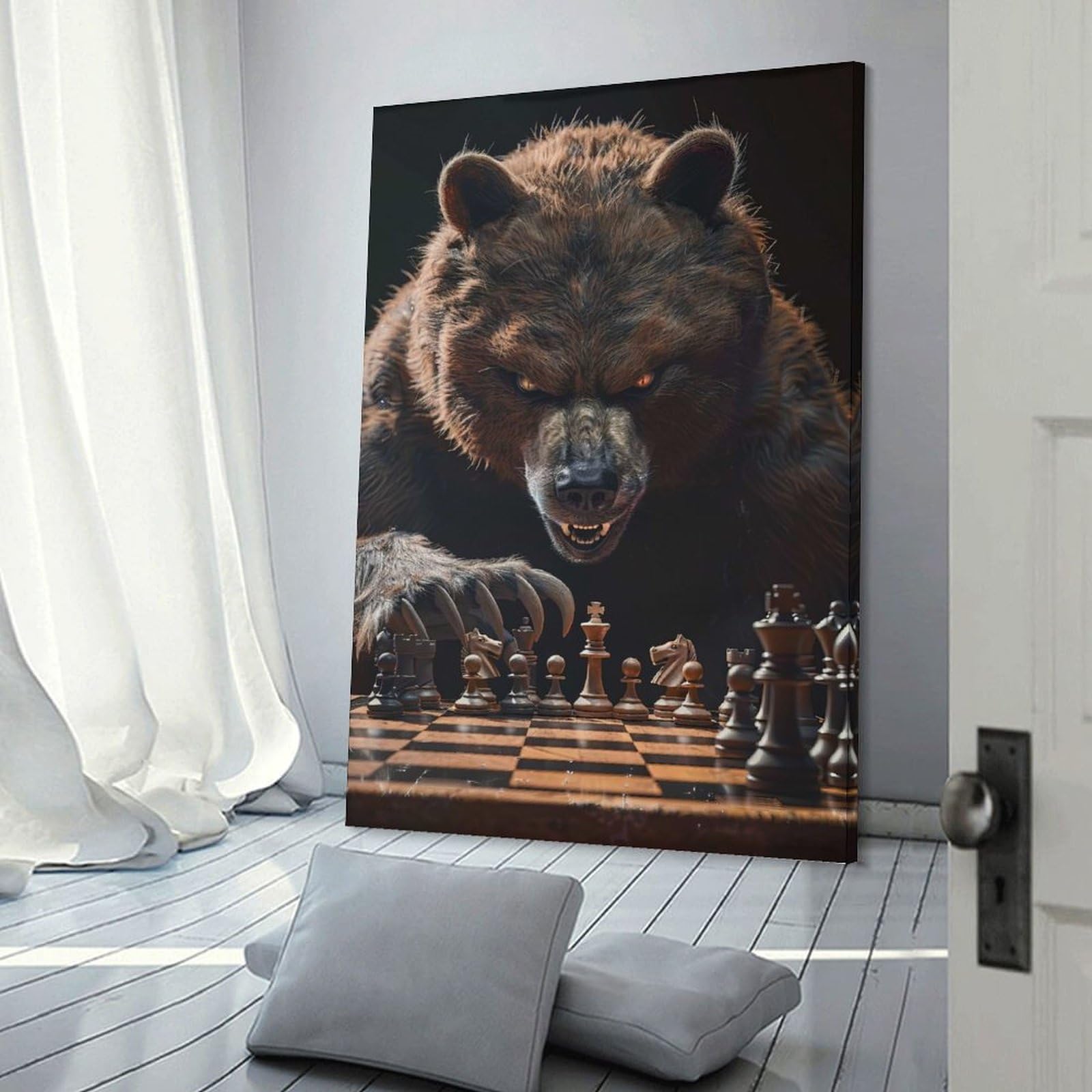 Junmoney Canvas Wall Art Grizzly Bear Chess, 12x18inch(30x45cm), for Living Room, Lounge Or Sitting Room, Canvas Styling for A Polished Room Look