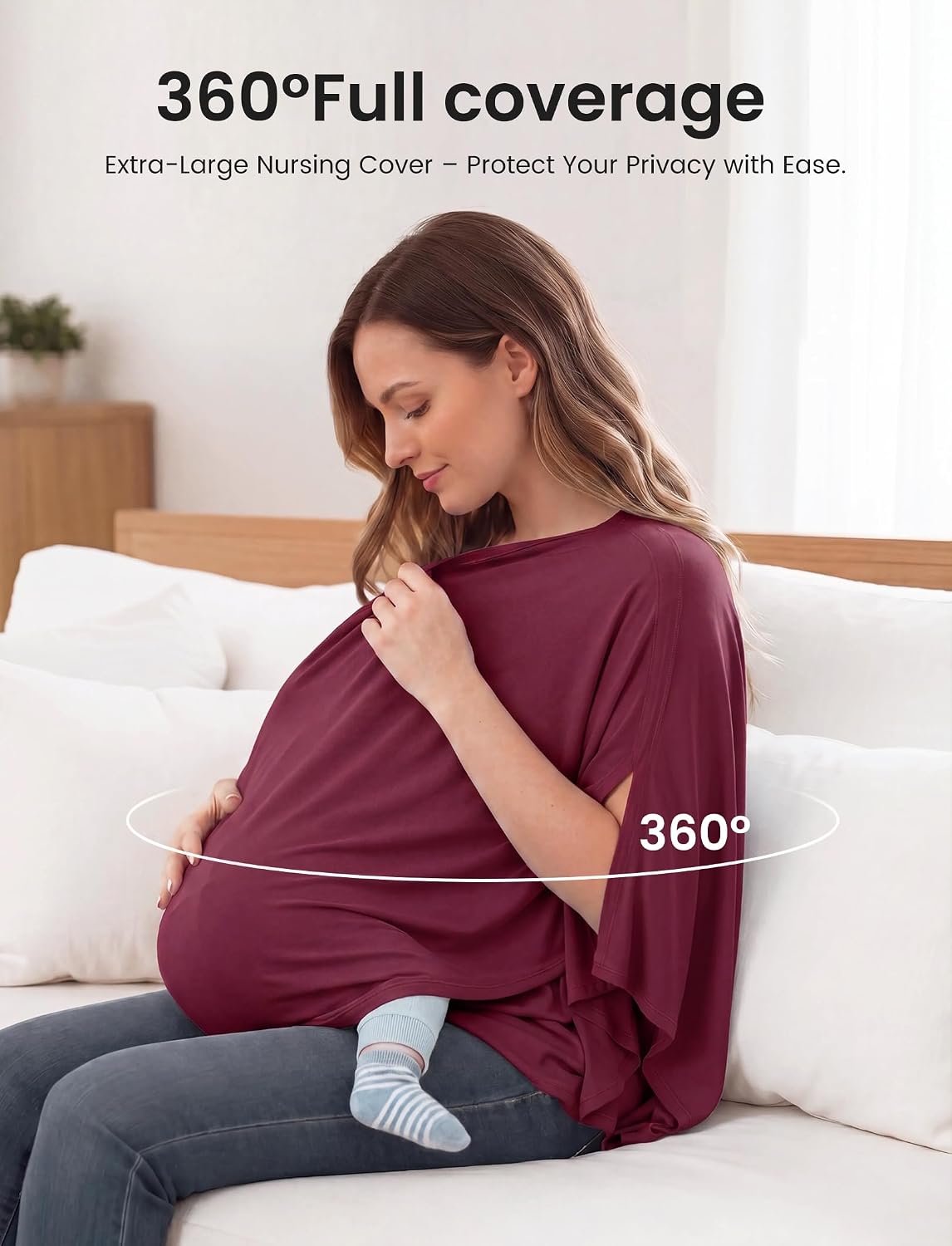 PATPAT Nursing Cover for Breastfeeding, Soft Breathable Bamboo Viscose Privacy Poncho, Multi-Use Breastfeeding Cover for Moms, Portable Nursing Shawl & Baby Blanket(Burgundy)