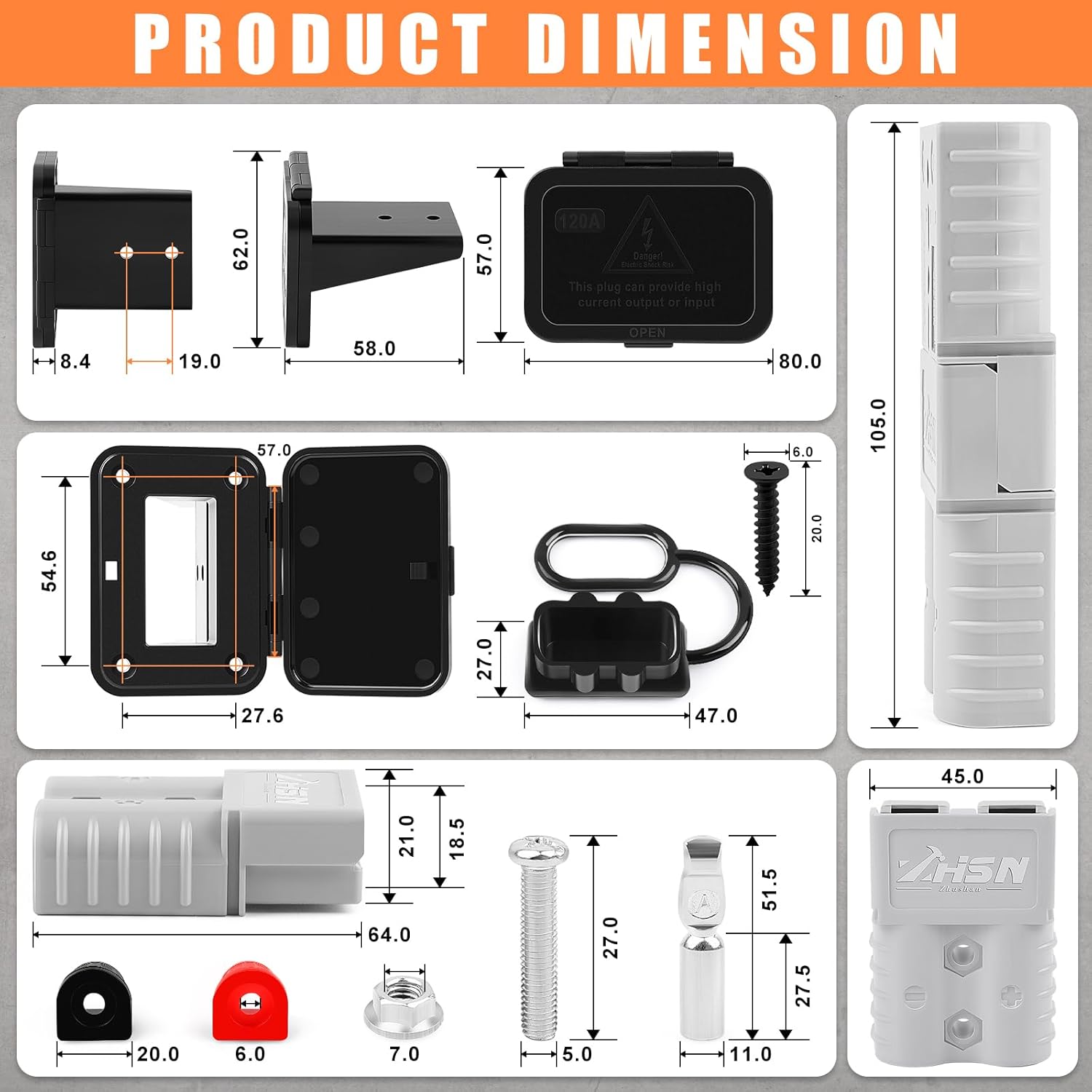 Zhushan 4 Pcs 120A Battery Quick Disconnect Connectors with Flush Mount Plates and Dust Covers, Heavy-Duty Plug Kit Compatible with Anderson SB120 for Trailer, Winch, RV, Solar, Truck, Boat