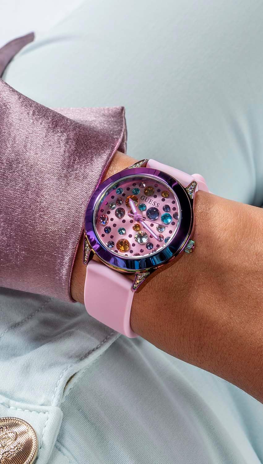 Guess Women's 34mm Watch - Pink Strap Pink Dial Iridescent Case