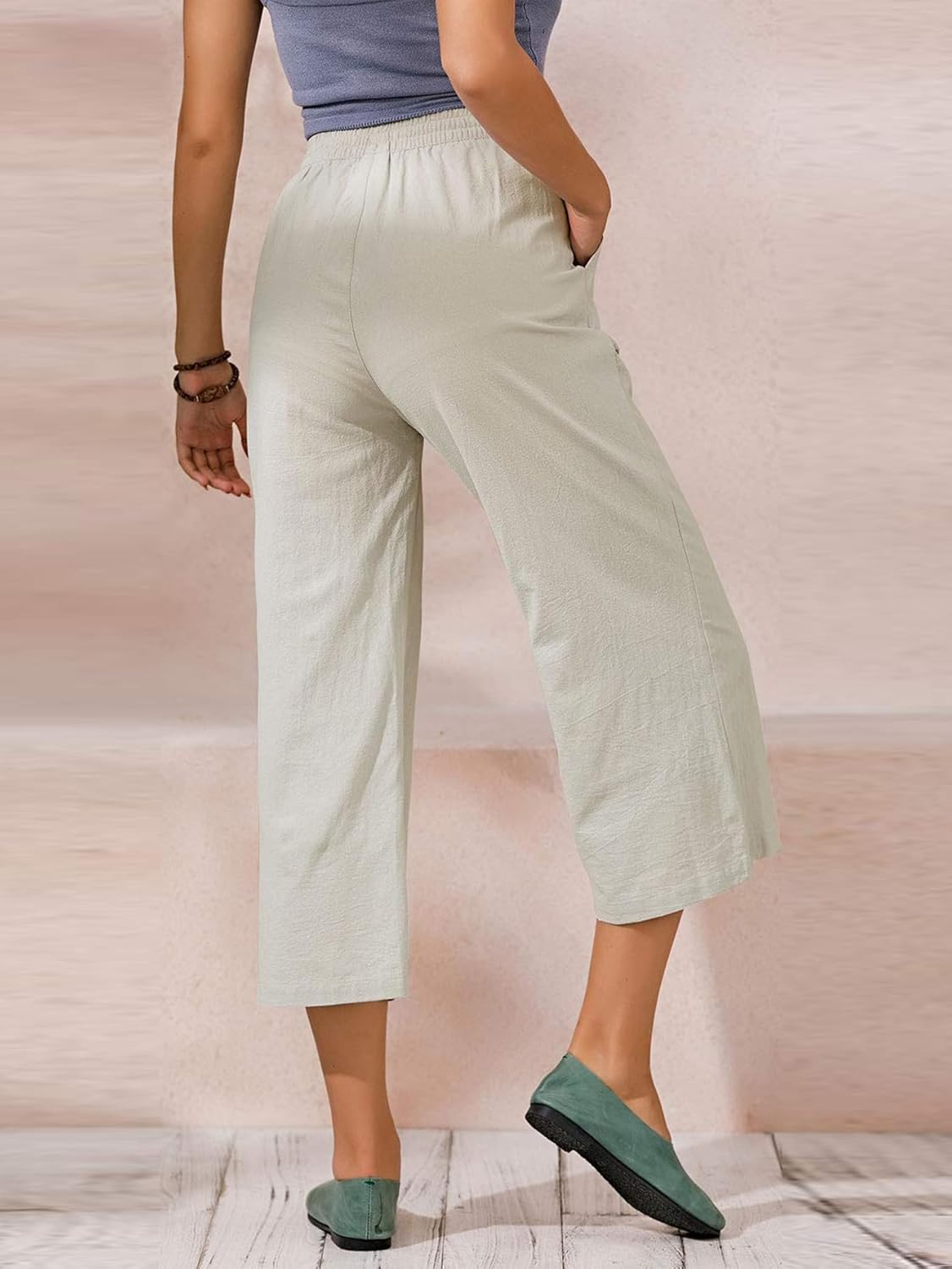 Womens Cotton Cropped Pants Loose Fit Wide Leg Capri Casual Plus Size Elastic Waist Trousers - Image 3