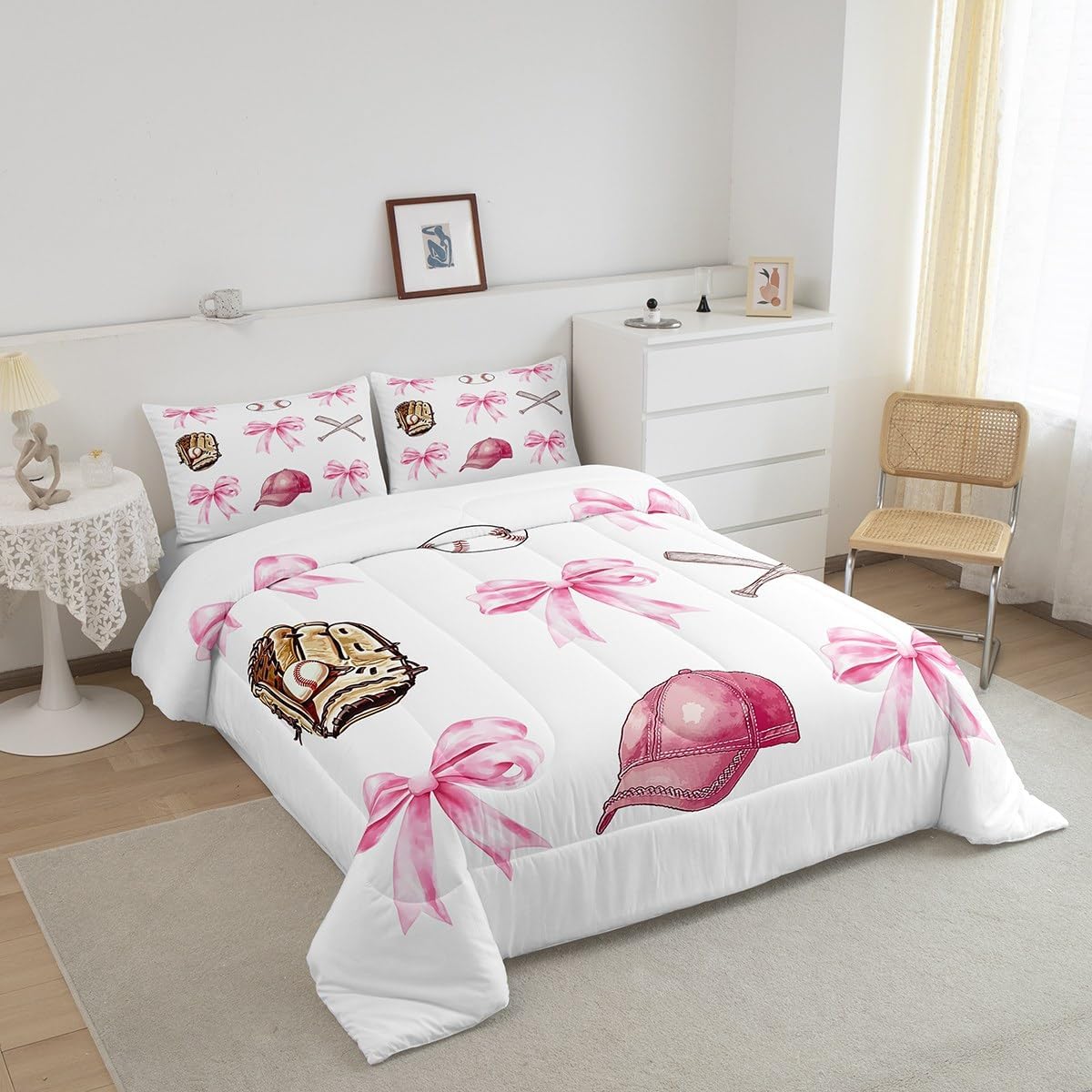 Castle Fairy Baseball Girls Toddler Bedding Set,Pink Bow Sport Lover Comforter Bed Set Teens Women Bedroom Decor,Cartoon Ball Hat Glove Quilt Set 2 PCS,Pink White Kids Duvet Insert,1 Pillow Case