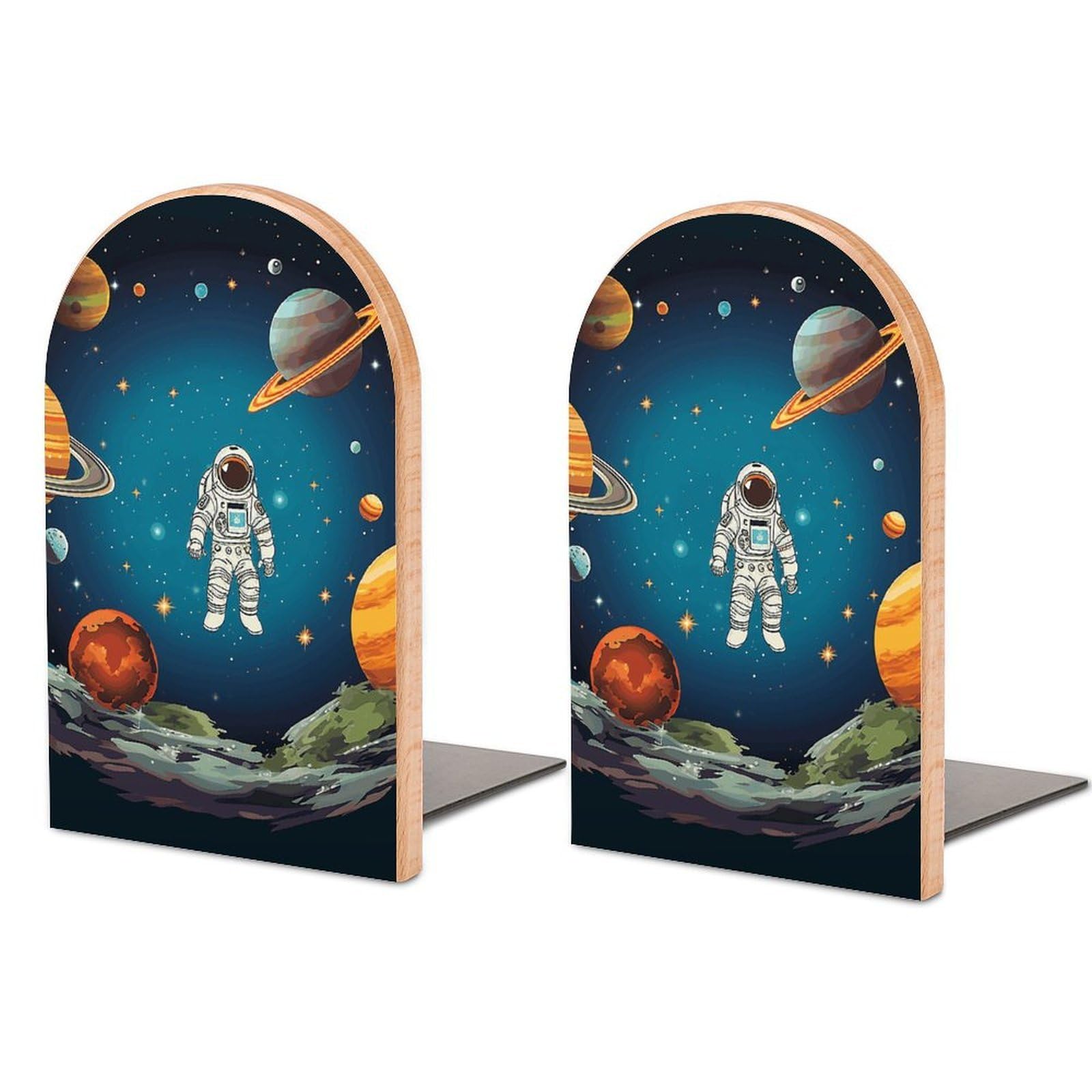 Sujetalibros de cohete espacial de madera y metal, 1 par para organizar el escritorio