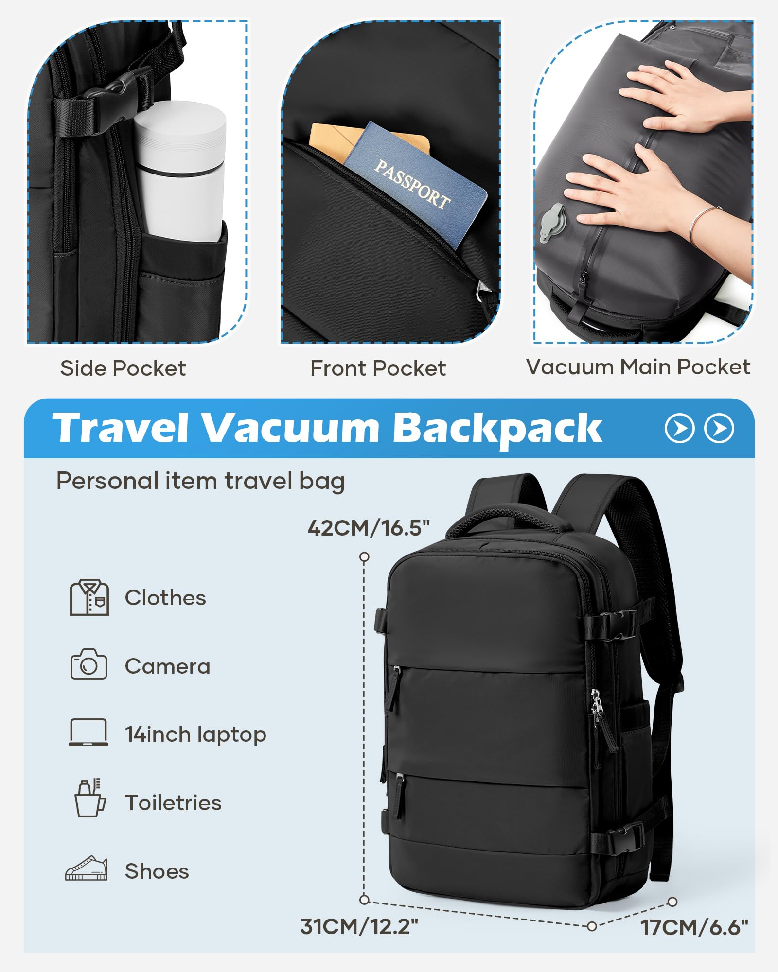 bergsalz Grande Zaino Ryanair Easyjet 45x36x20 Sottovuoto Viaggio Con Pompa, Zaino Da Viaggio Aereo Bagaglio a Mano Con Sottovuoto Incorporato Donna Uomo Nero