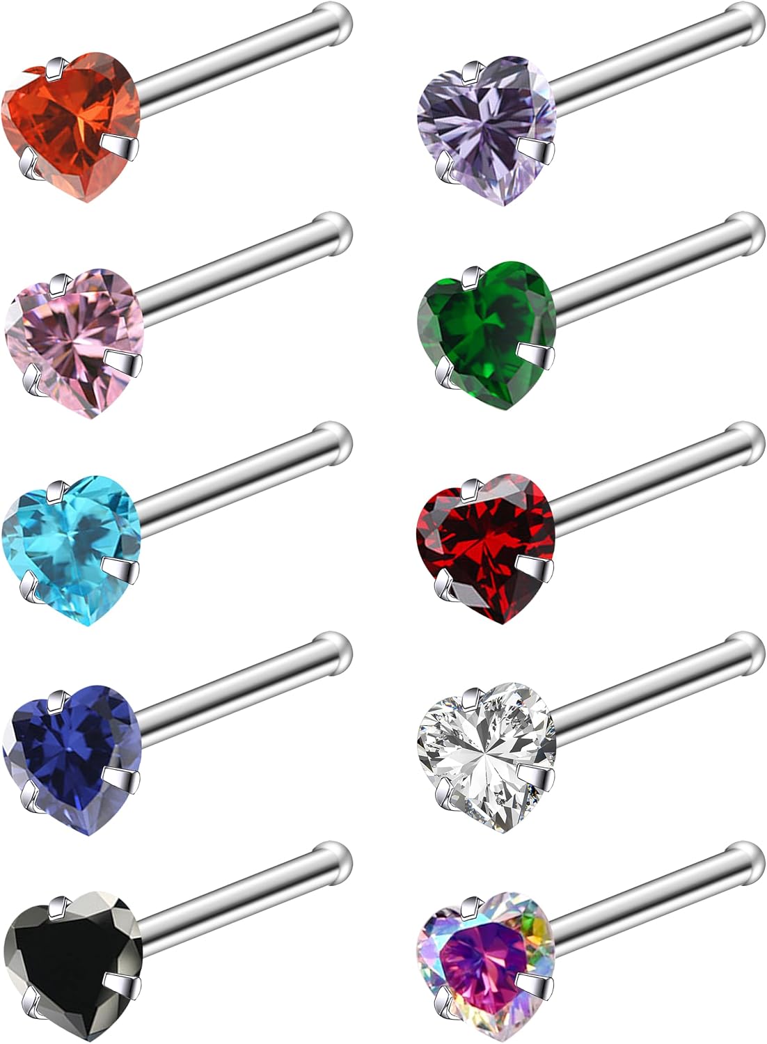 Ruifan ASTM F136 Titanium Nose Rings 18G 20G 22G Mix Color Heart Cubic Zirconia Nose Studs Ring Screw L-Shaped Bone Hypoallergenic Body Piercing Jewelry for Women 3mm 10PCS