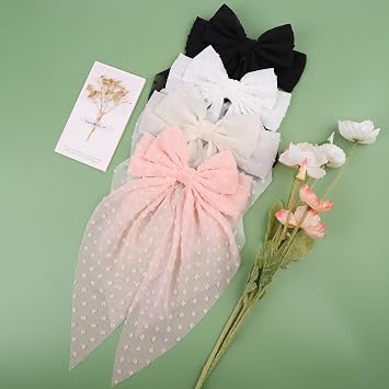 MRJ 4Pcs Chiffon Hair Bows for Women Big French Bows Hair Clips for Girls Hair Accessories Barrettes Metal Clips Bowknot Aesthetic