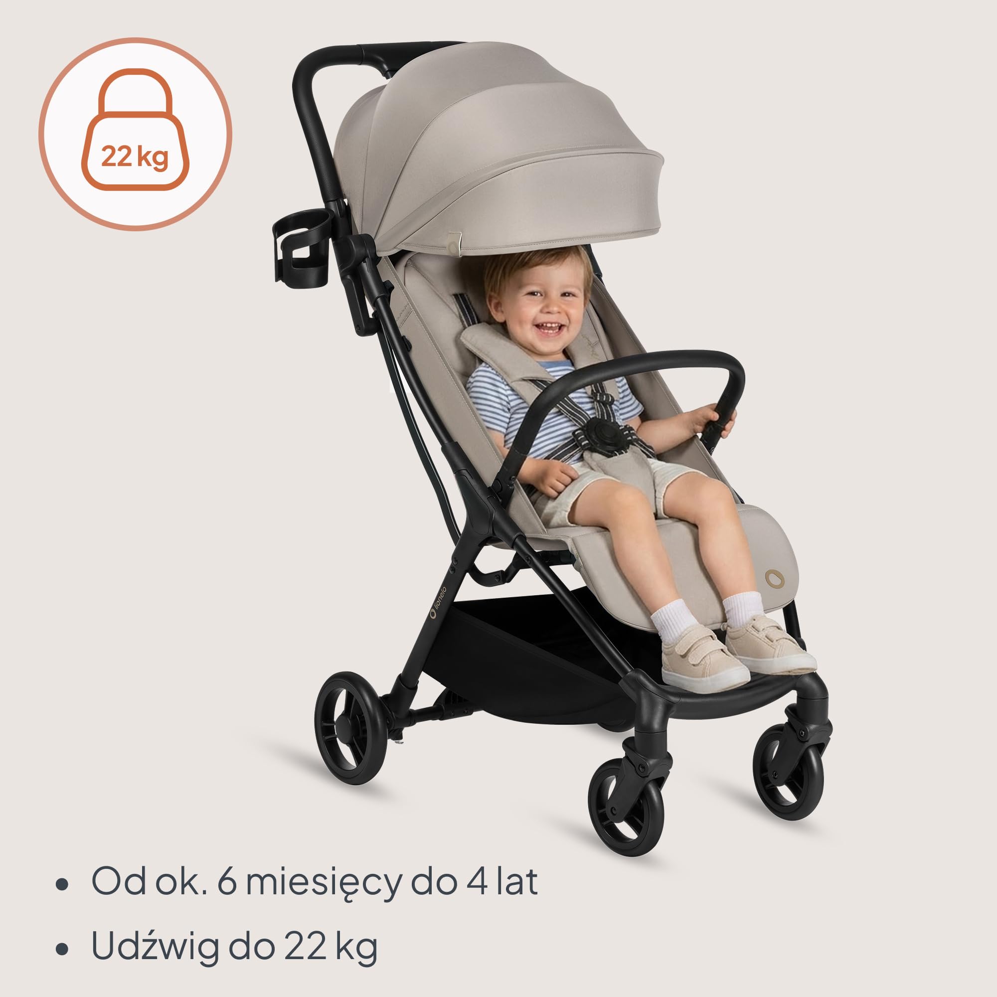 Lionelo Agia wózek podróżny do 22 kg, lekki wózek dziecięcy od 6 miesięcy, mały, składany, z funkcją automatycznego składania jedną ręką, funkcja leżenia, duża powierzchnia do siedzenia, zawieszenie