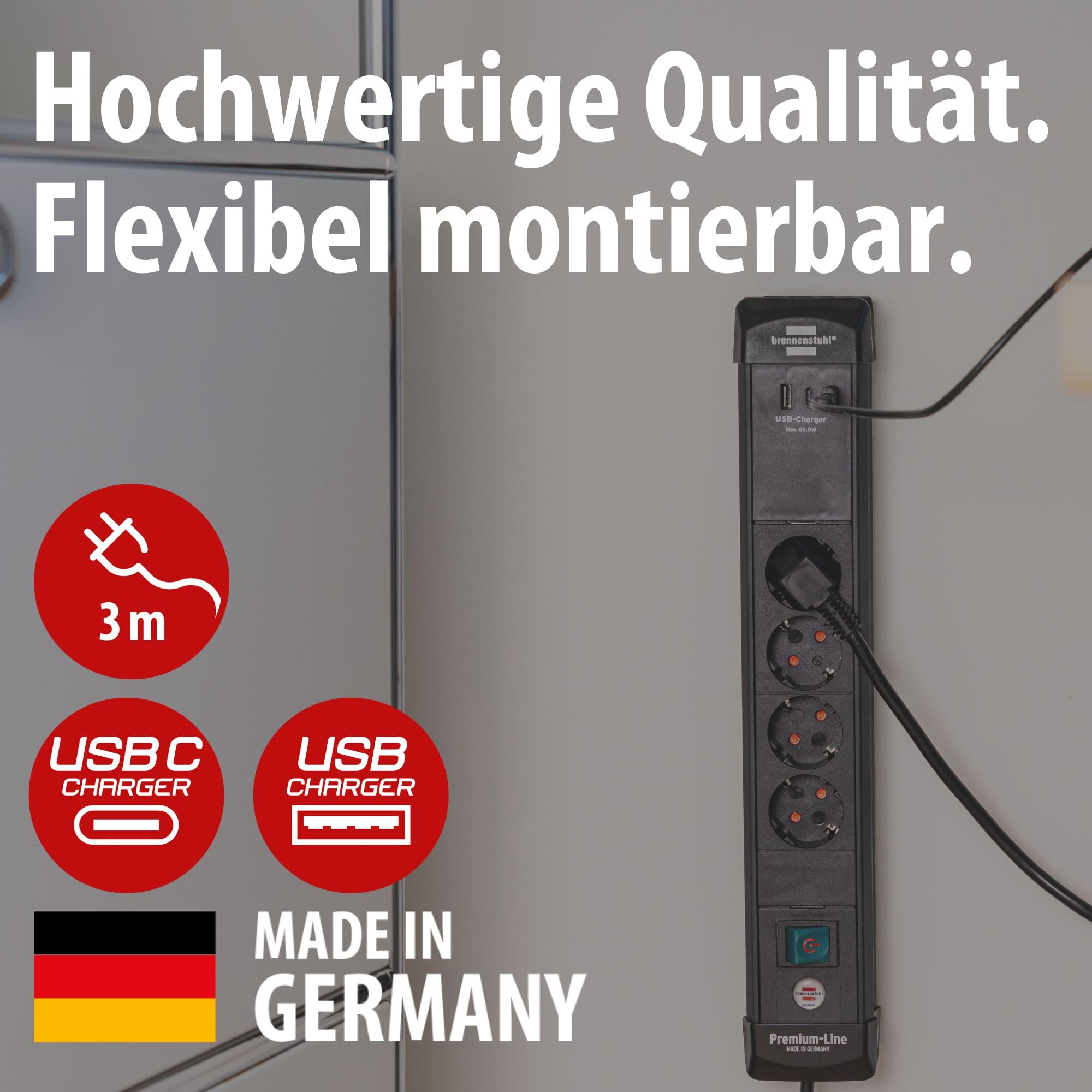 Brennenstuhl Premium-Line Steckdosenleiste 4-Fach mit 2X USB C PD 65W und USB A 18W (Made in Germany, Mehrfachsteckdose mit Schalter und 3m Kabel, Steckerleiste zur Wandmontage) schwarz
