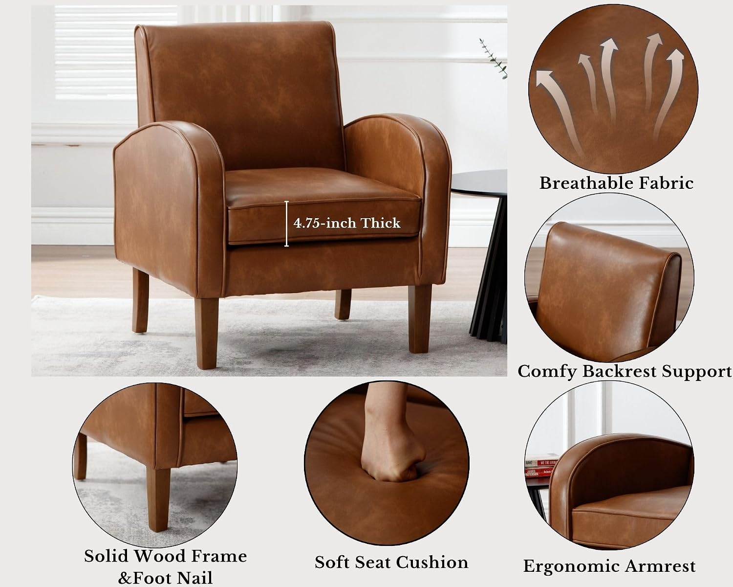 LIVINOVA Brown Faux Leather Accent Chairs Set of 2, Mid Century Modern Upholstered Arm Chairs with Wooden Legs, Comfy Reception Office Club Reading Side Lounge Chair for Living Room Bedroom