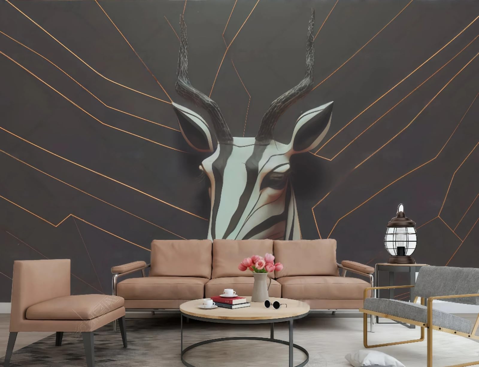 Tapeta Nowoczesna Minimalistyczna Trójwymiarowa Głowa Jelenia Biały Sztuka Geometryczna Złota Linia Malarstwo TV Sofa Tło Tapeta Salon Restauracja Kawiarnia Mural, 3D, 200 x 140 cm