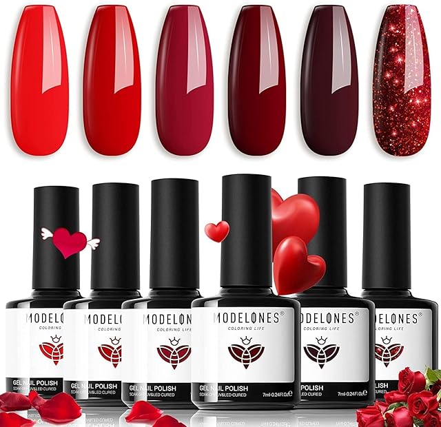 modelones Półtrwały Lakier do Paznokci, 6 Kolorów żelowy Lakier do Paznokci Soak Off Nail Design, żelowy Lakier do Paznokci z Pudełkiem Upominkowym na Zestaw do Manicure Paznokci (Seria Czerwona)