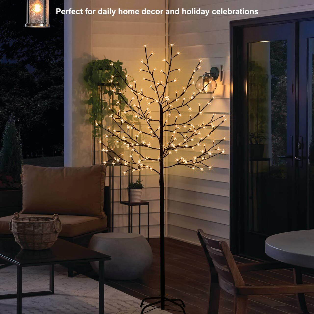 Lighted Cherry Blossom Tree, 6FT Prelit Artificial Cherry Tree with 200 Warm White LED Lights Waterproof for Inside and Outside, Patio Home Wedding Festival Christmas Decoration, Plug in