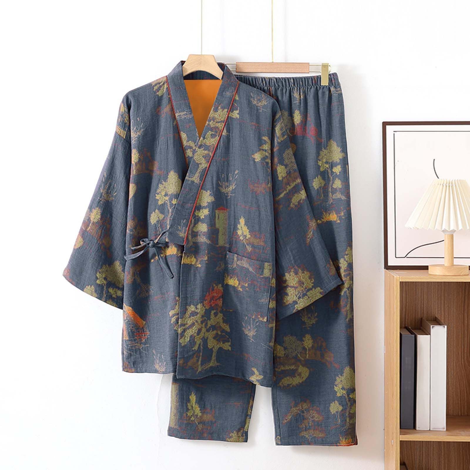 Męskie wiosenne japońskie kimono, piżama, żakard, luźny krawat, zestaw domowy, polarowa piżama męska