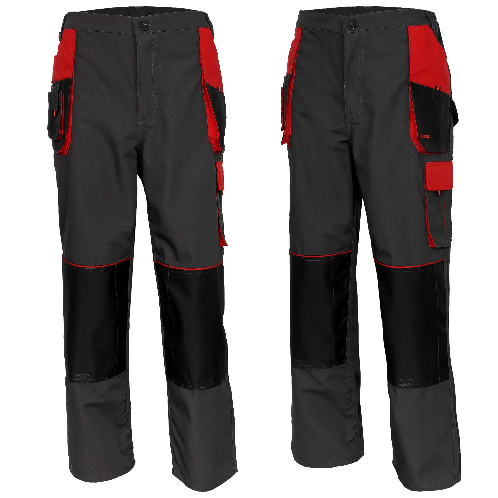 ART.MASArtMas Classic Mens Multi Pocket Cargo Heavy Duty Pro Work Trousers, Triple Stitched Cordura Reinforcing Stress Points Knee Pad Pockets, Grey-Red (30/32, NO Knee Pads)