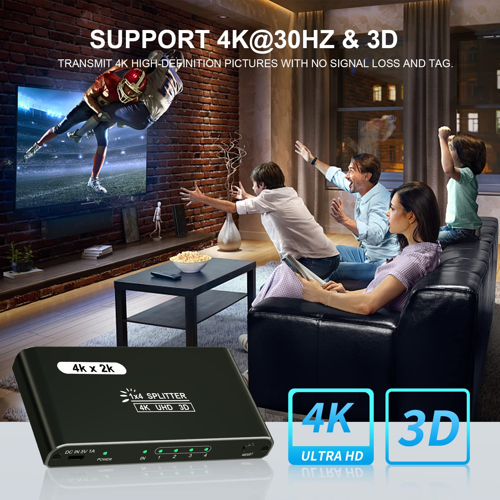 HDM I Spliter 1 in 4 Out, 4K@30Hz HDM I Spliter con 4 porte, box di separazione HDM I alimentata a 4 vie, duplicatore/mirro HDM I 1x4 supporta 3D UHD 1080P per PC Xbox PS4 Cable Box FireStick - 4