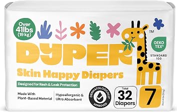DYPER - Baby Diapers Size 7 32 Count - Plant Based Disposable Diapers for Day and Overnight Premium Leak Protection, Skin-Friendly Comfort with Soft Size 7 Diapers Over 41 lbs Pack of 2