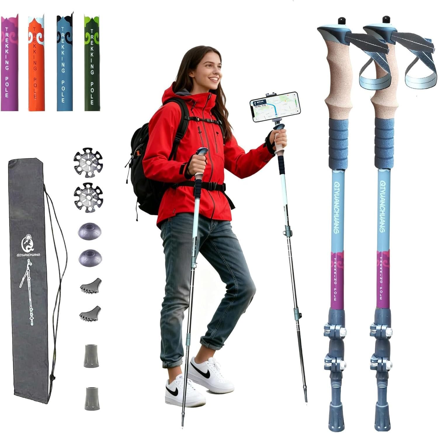Lightweight Collapsible Trekking Poles with GoPro & Phone Mounts