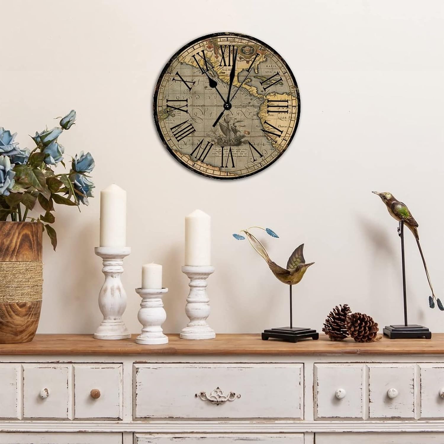 Rustic Style Round Wood Wall Clocks Retro World Map Roman Numerals Woodn Clock Battery Operated Silent Non-Ticking Wall Clocks for Cottage Living Room Bedroom Office 15x15in Decorations