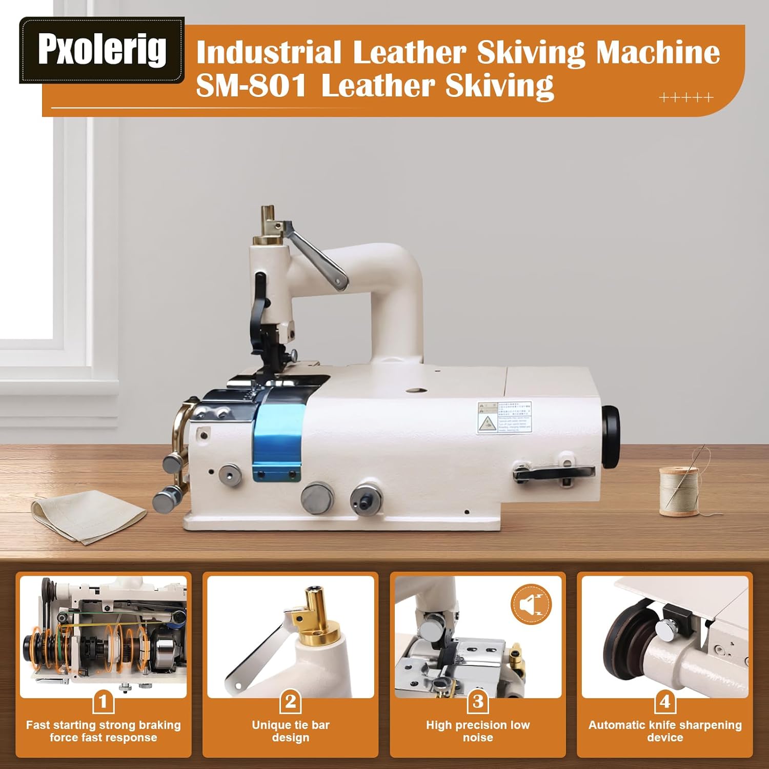 Pxolerig SM-801 Industrial Leather Skiving Machine, 50mm Max Width Edge Thinning & Precision Skiver, 1200RPM Adjustable Leather Splitter for Shoe/Bag/Belt Crafting, Heavy-Duty Leatherworking Tools