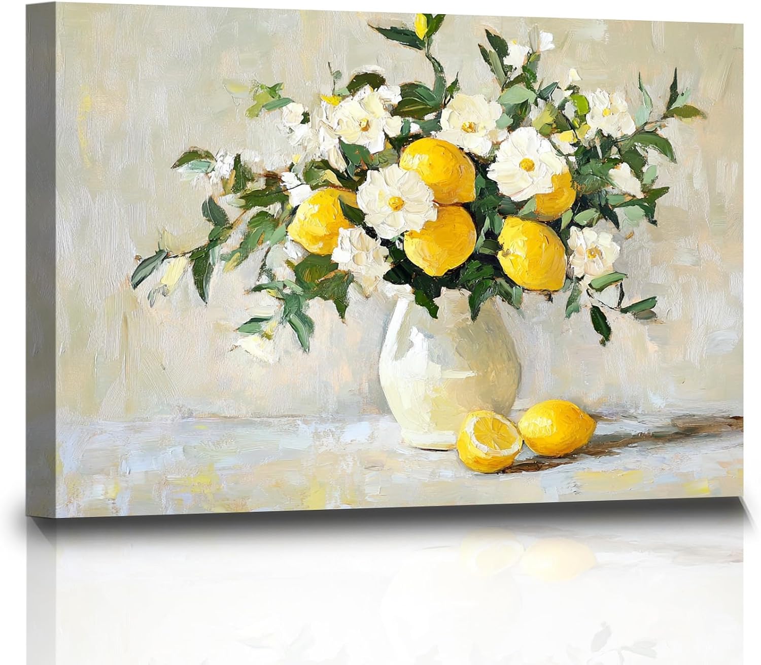 Craftline - Lemon Wall Art Vintage Yellow Lemon Still Life Oil Paintings Prints on Canvas Framed Rustic Flowers Poster Country Farmhouse Artwork for Kitchen Living Romm Bedroom 24x16inch