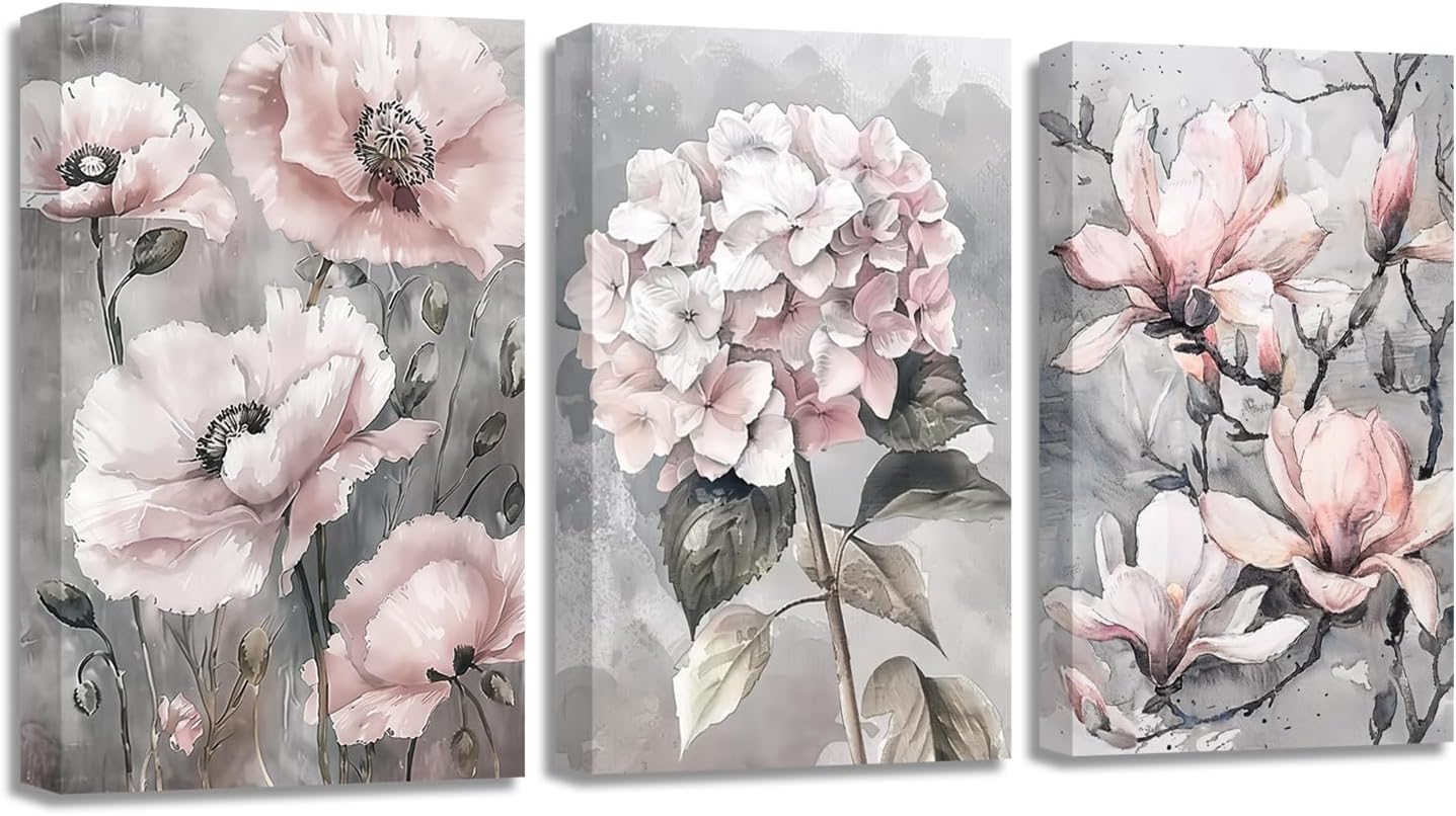 SWQYLB Pink Flower Wall Art 3 Pieces Pink and Grey Poppy Flowers Canvas Print Rustic Farmhouse Floral Pictures Wall Decor for Bedroom Office Framed (Grey, 12.00" x 16.00" x 3PCS)