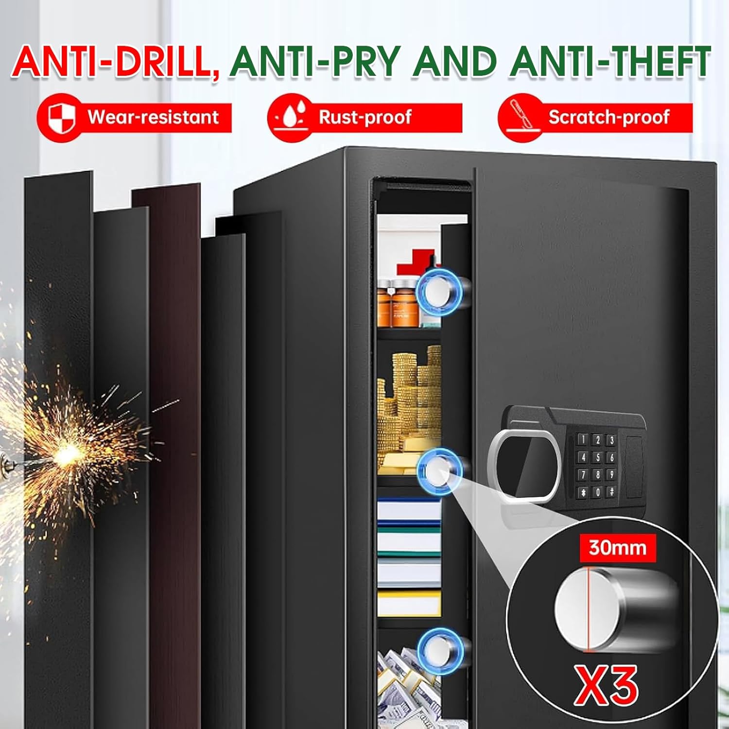 5.1 Cuft Large Home Safes Water and Fireproof with Digital Keypad & Key Lock, Fire Security Safes with 3 Removable Shelves, Anti-Pry Safe Box for Money Documents Jewelry, 23.62"H x14.96"W x 12.2"D
