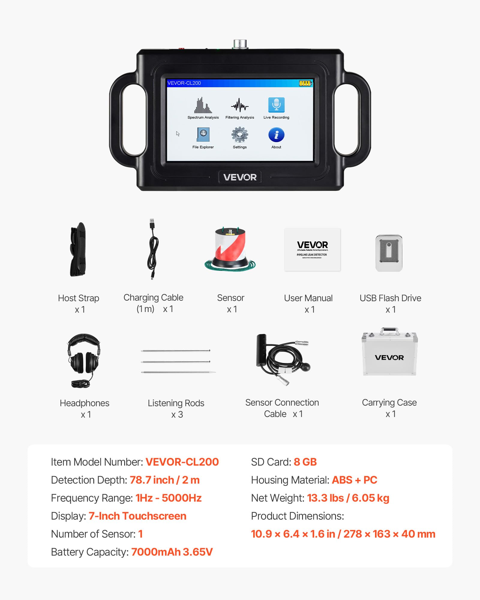 VEVOR Détecteur de Fuite d'eau Canalisations Souterraines Profondeur 2 m, 1-5000 Hz, Écran Tactile LCD, avec Capteur Sensible, 3 Sondes d'Écoute, Casque, Carte 8 Go, Étui de Transport, pour Plomberie