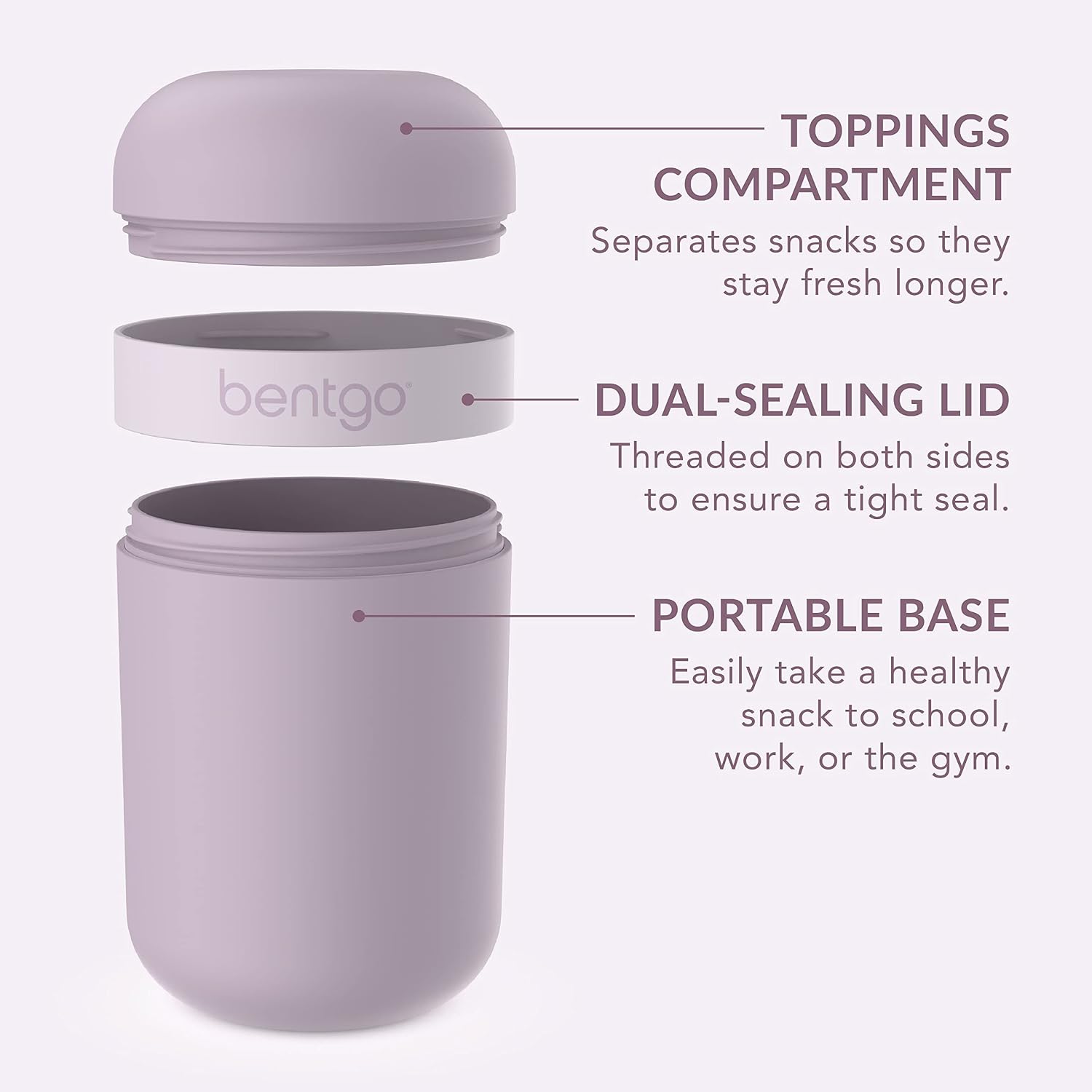 Bentgo Snack Cup, Leak-Proof Snack Container with Toppings Compartment | Dual-Sealing Lid, Airtight, Microwave-Safe Base, Freezer & Top-Rack Dishwasher-Safe (Orchid)