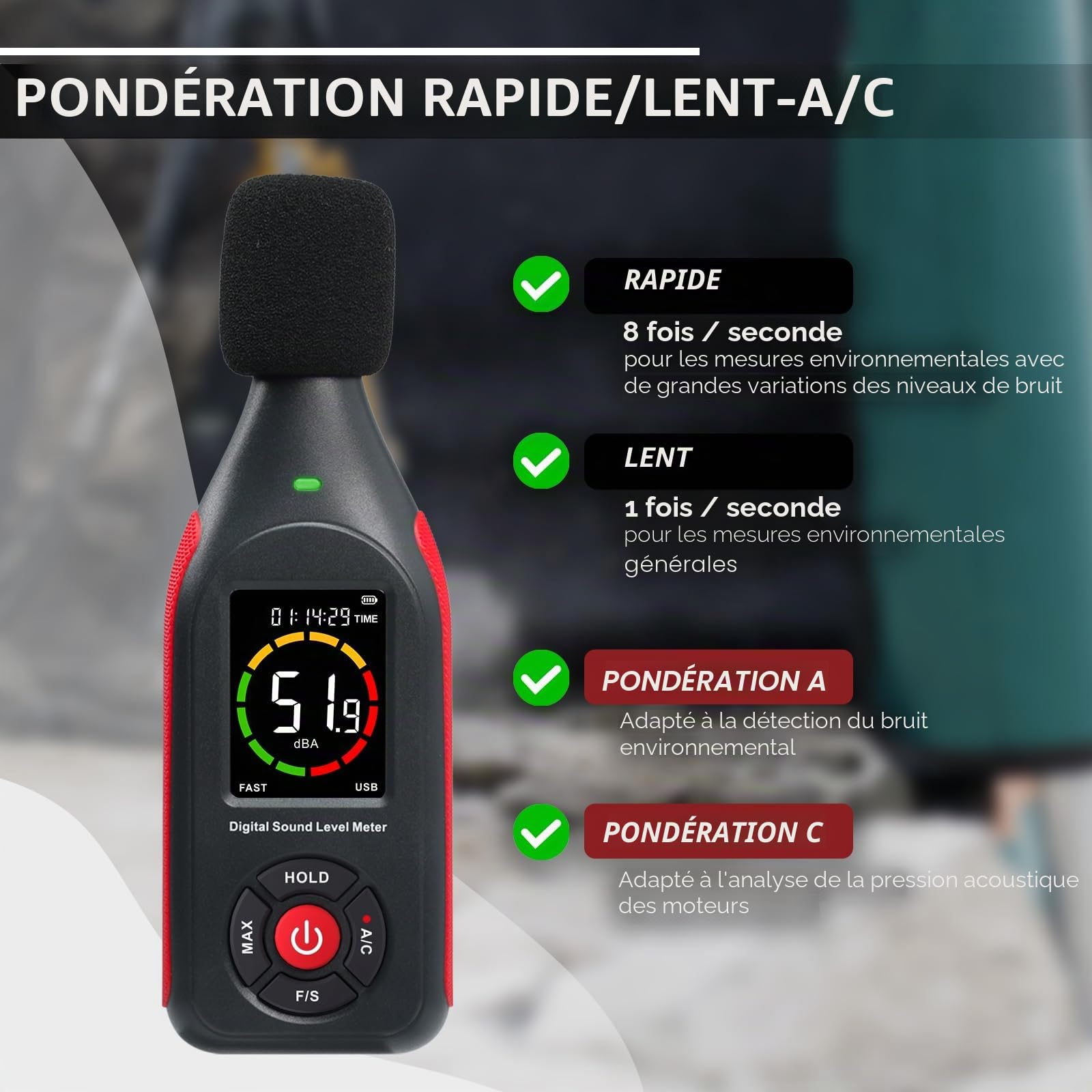 Testeur de niveau sonore avec enregistreur de données portable, sonomètre avec enregistrement de 31 000 données et exportation, sonomètre rechargeable avec sortie fréquence CA/CC, alarme 3 couleurs