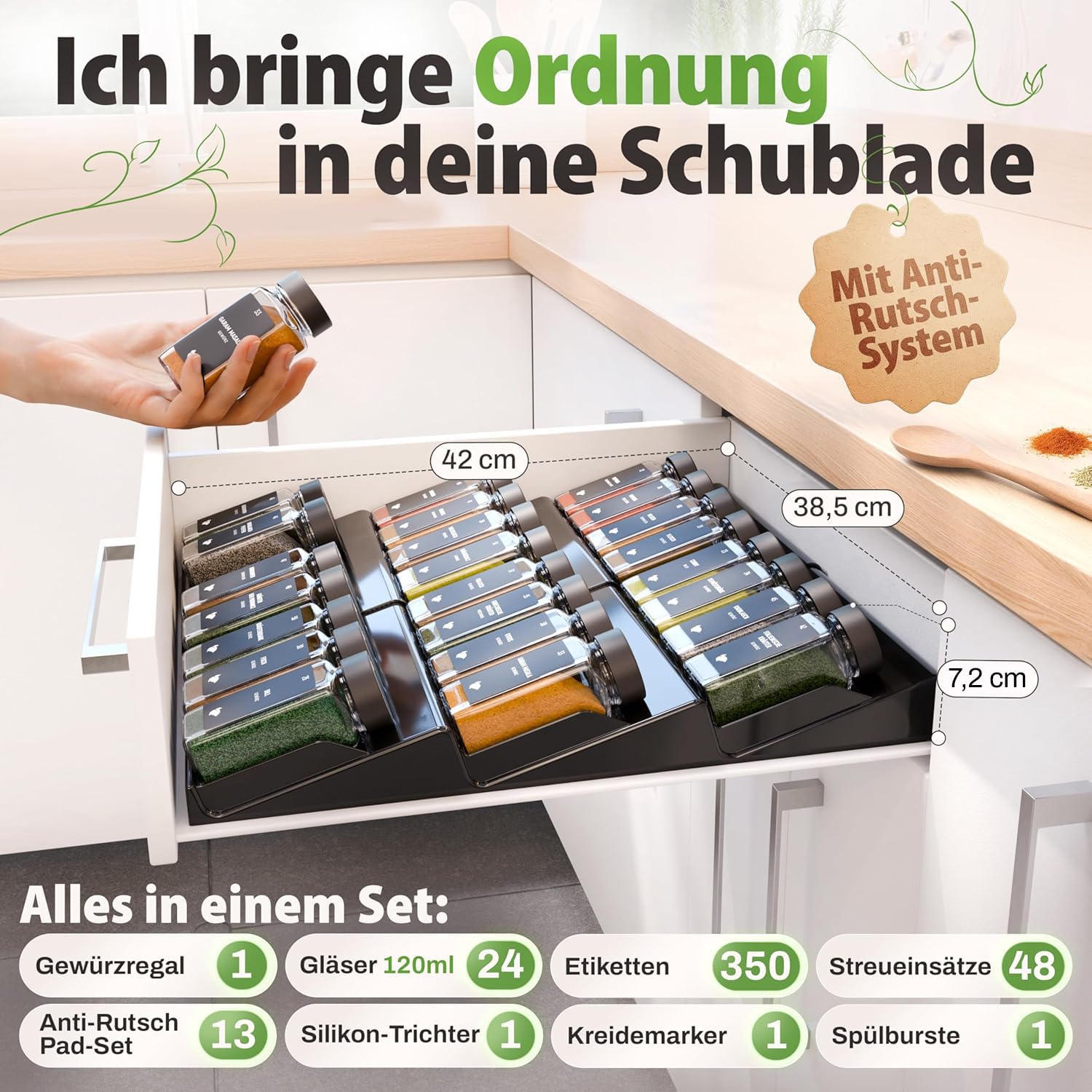 LAEVU Gewürzregal Schublade mit Gläsern | Gewürz Organizer Schublade inkl. 24 Gewürzgläsern Eckig mit schwarzem Deckel | Etiketten für Gewürze & mehr | Ausziehbarer Gewürzeinsatz für deine Schublade