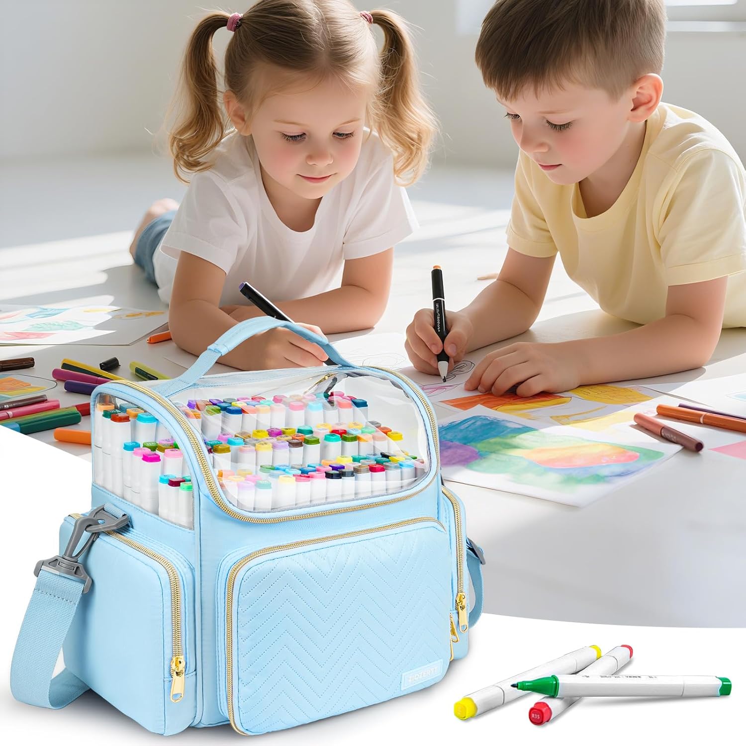 Marker Organizer Case for 180-300 Markers,Travel Marker Storage Bag with Dividers and 4 Pockets,Marker Organizer Holder for Paint Brushes,Colored Pencils and Other Art Supplies,Bag Only,Blue