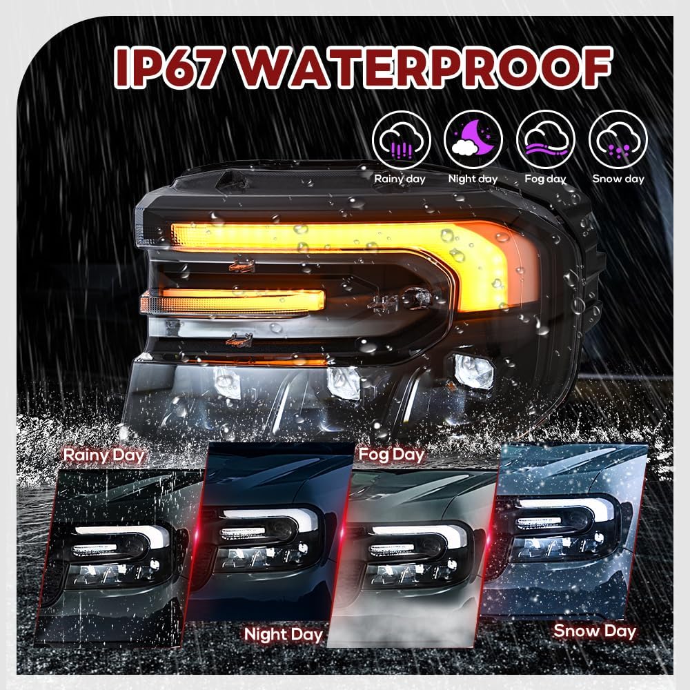Headlights for Ford Maverick XL XLT Lariat 2022-2024 Frontlamp with Start-up Animation Sequential Turn Signal Driver & Passenger Side Front Head Lamp Triple Beam, No Extra Bulbs