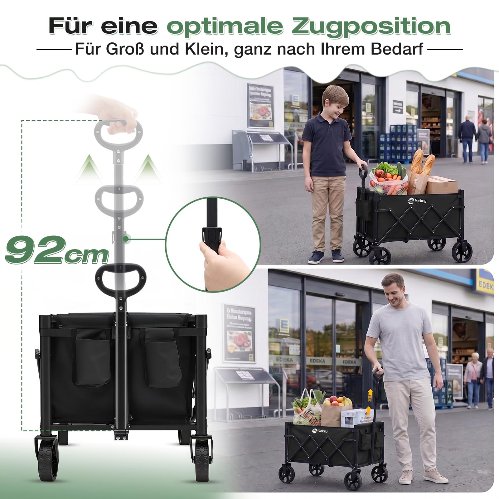 Sekey Bollerwagen Faltbar Klein 80KG, Handwagen Klappbar, Faltbarer Einkaufswagen Campingwagen mit Höhenverstellbarem Griff, Leicht & Platzsparend & Stabil, Mini 4029, Schwarz