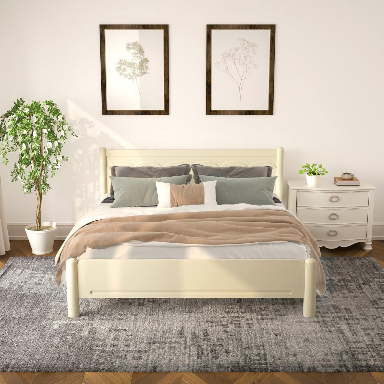 King Size Bed Frame with Wood Headboard Farmhouse Wooded Platform Bedframe with Wood Slat Support Mattress Base No
